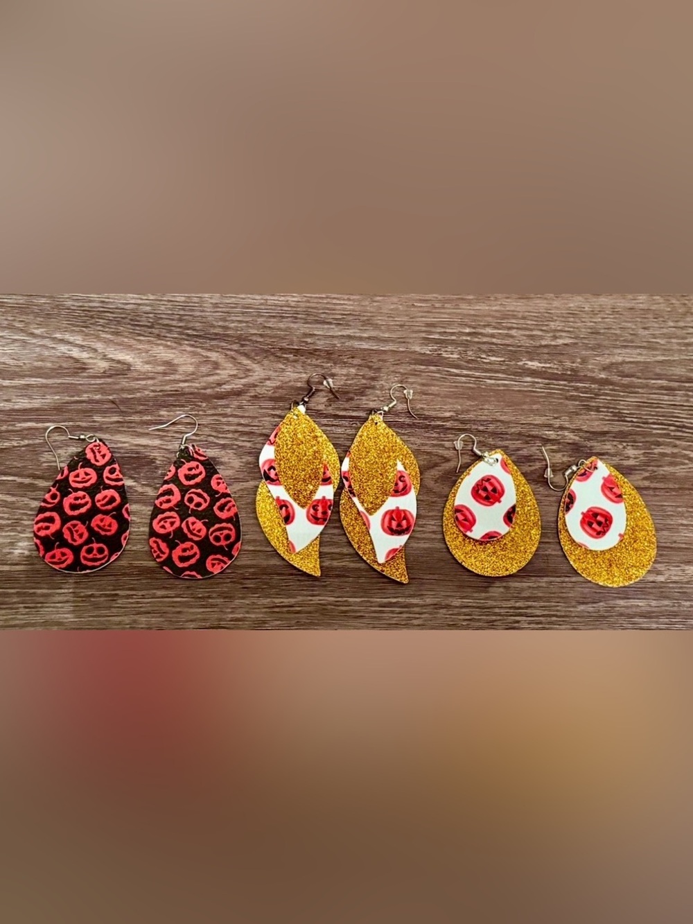 Gold and Orange Halloween Pumpkin Print Teardrop Earrings Set - Women Jewelry